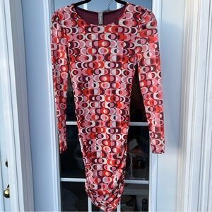 ONLY Orange White & Pink Bodycon Long Sleeve Ruching Party Dance Dress NWT